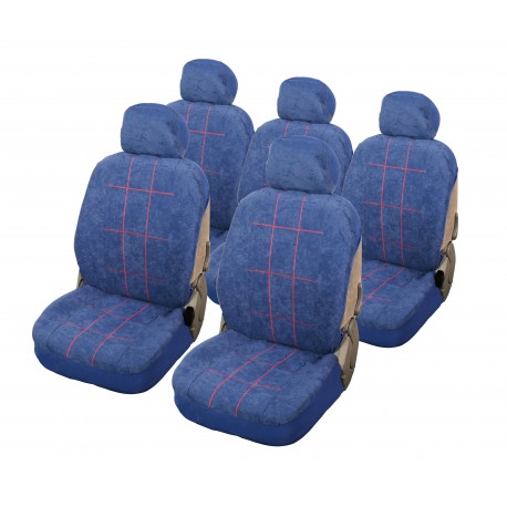 Housse auto Monospace 5 places microfibre bleu piqûre sellier rouge